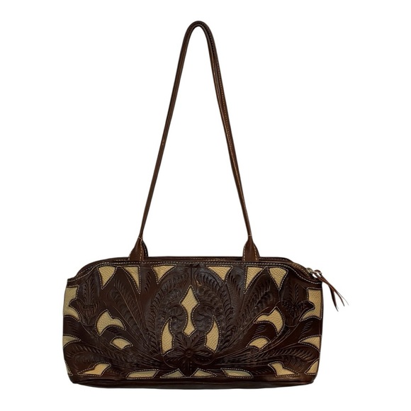 Leaders In Leather Scroll Cut Out Tooled Leather  Bag, Medium Size, Brown/Ivory - Picture 1 of 16